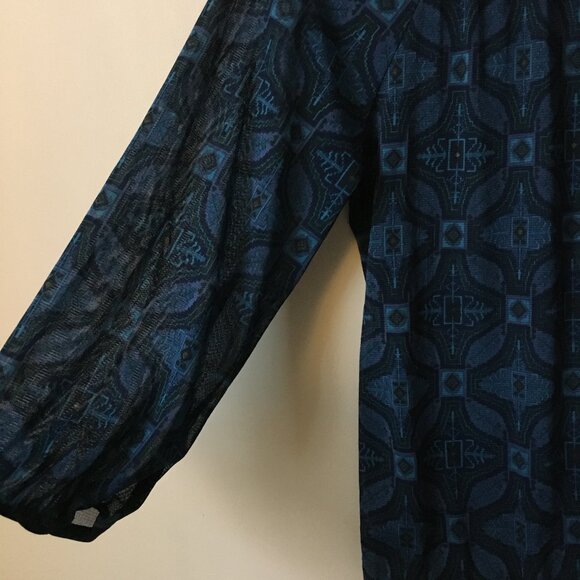 Moody Blue Semi Sheer V-neck Tribal Boho Blouse - Picture 8 of 15